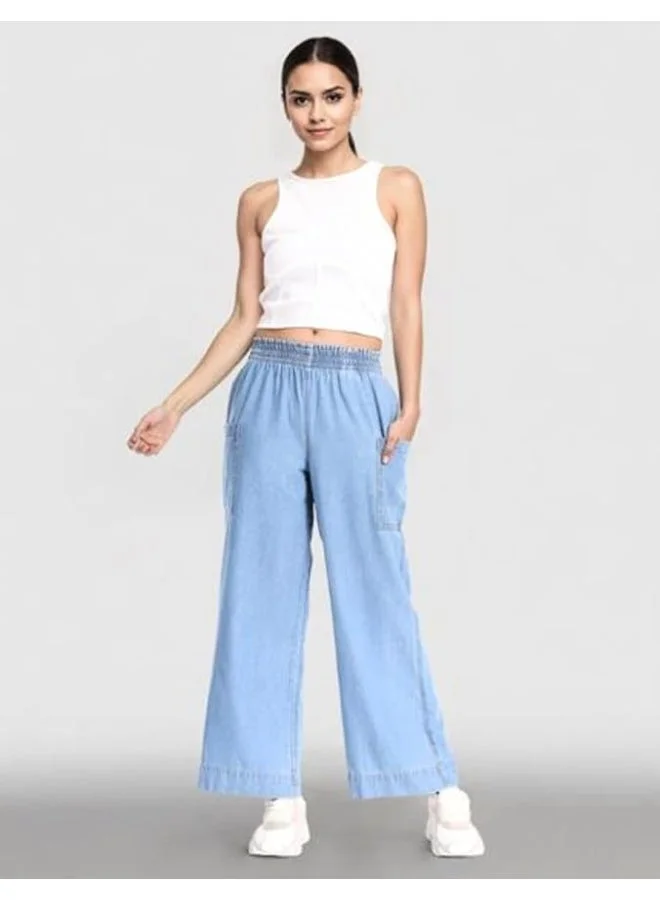 inkd جينز واسع الساق للنساء - ارتفاع عال |  قطن| غسل الإنزيم | حزام الخصر المطاطي | جينز للنساء